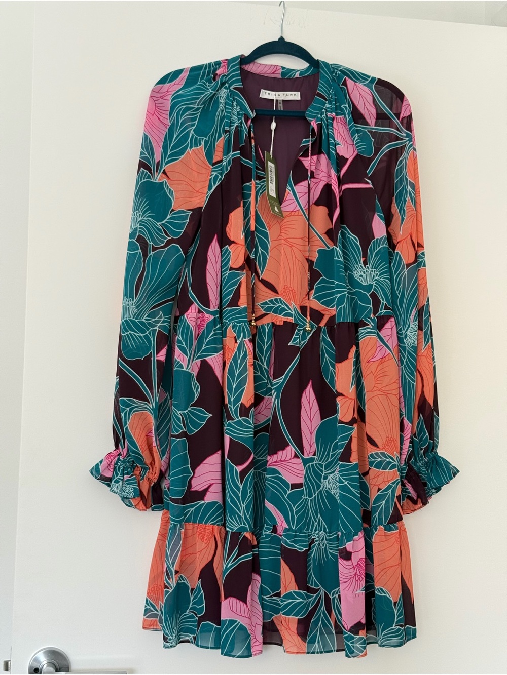 Floral Tiered Long-Sleeve Dress in Teal, Coral & Pink